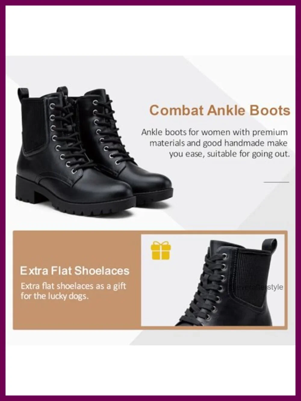 Faux Leather Combat Lace Up Ankle Boots with Inside Zipper